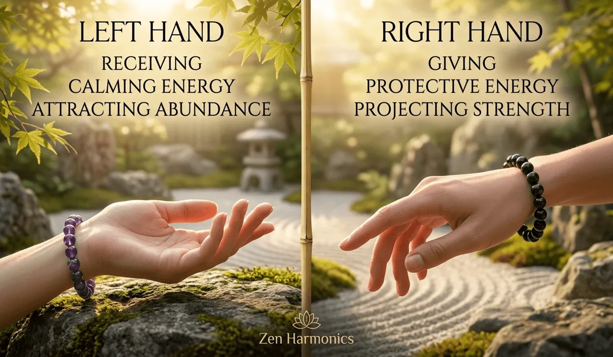 Visual guide showing the difference between wearing bracelets on the left hand for receiving and the right hand for giving energy.