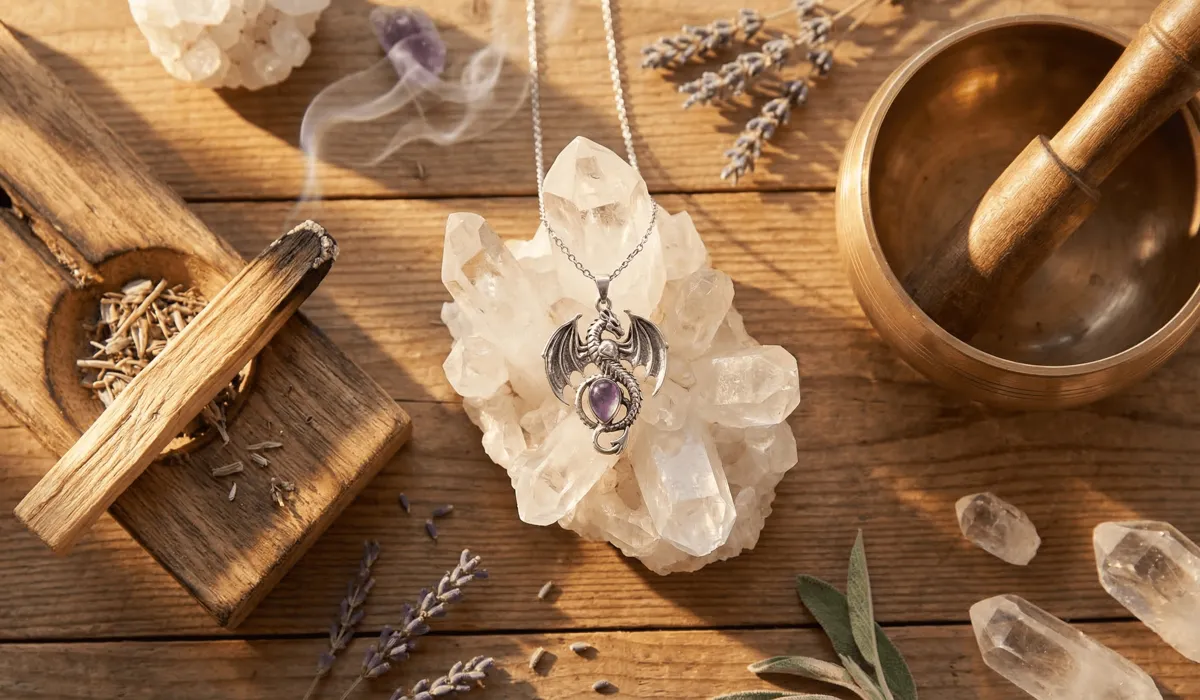 A spiritual ritual showing how to cleanse and charge a dragon necklace using smoke and crystals.