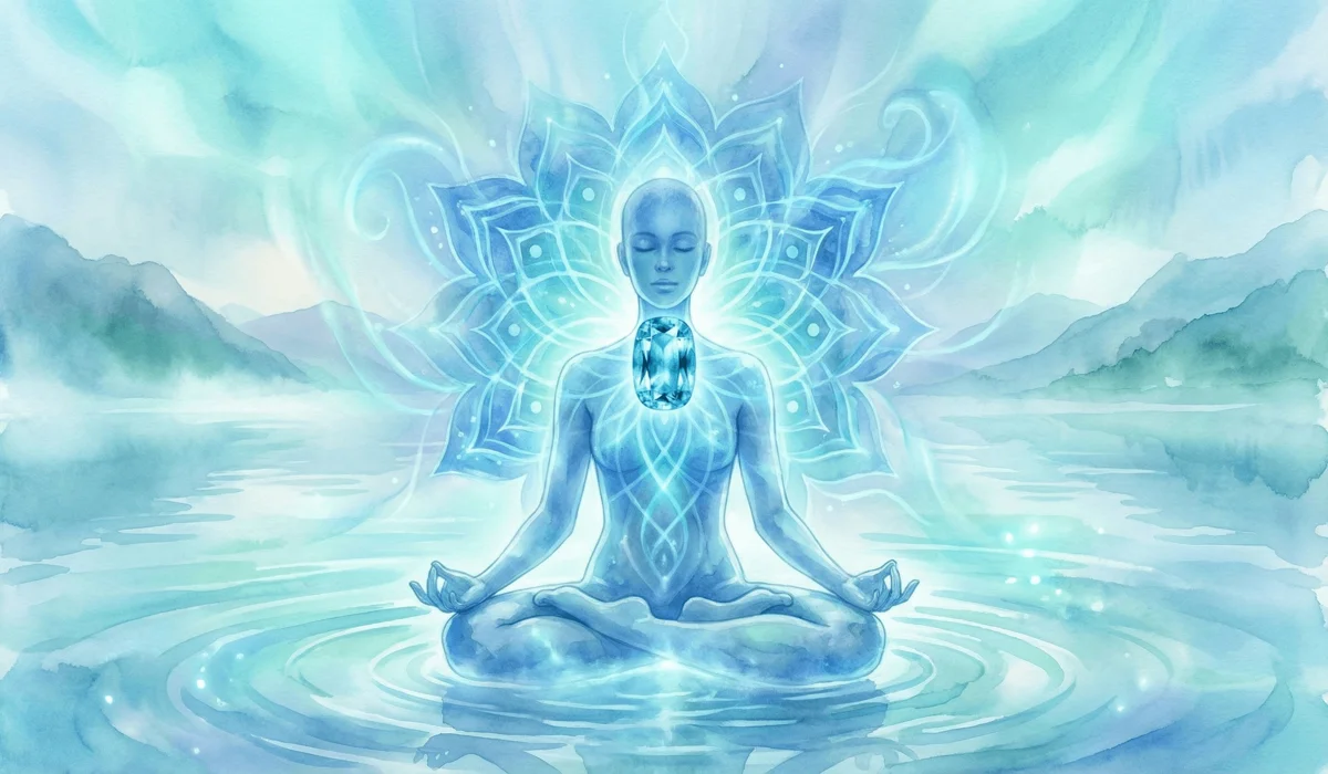 Spiritual illustration of aquamarine activating the throat chakra for honest self-expression and meditation.