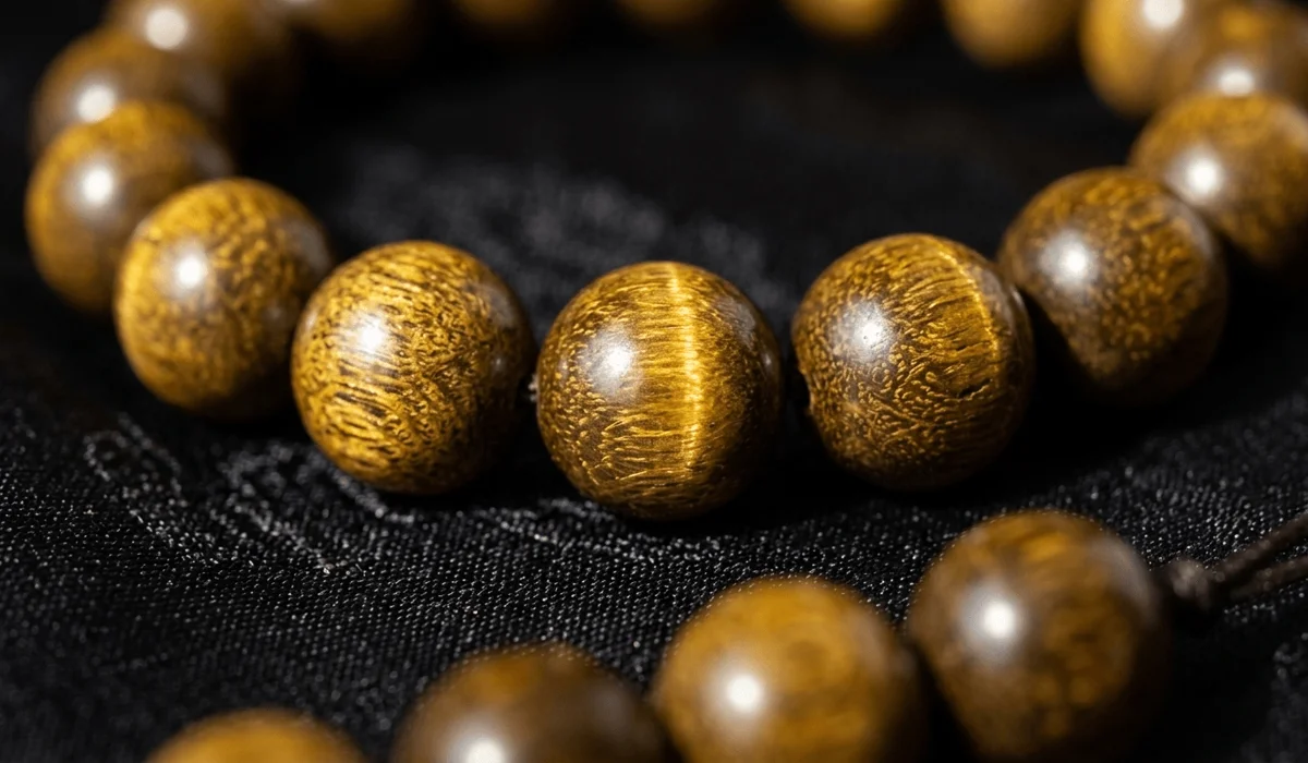 Close-up of Golden Silk Phoebe Zhennan wood beads showing holographic grain and natural luster.