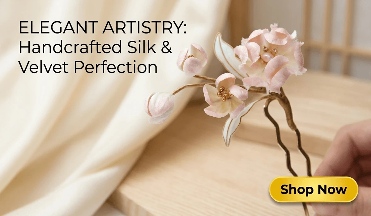 Handmade Pink Velvet Flower Hairpin - Traditional Silk Floral Art with Shop Now button for luxury hair accessories blog