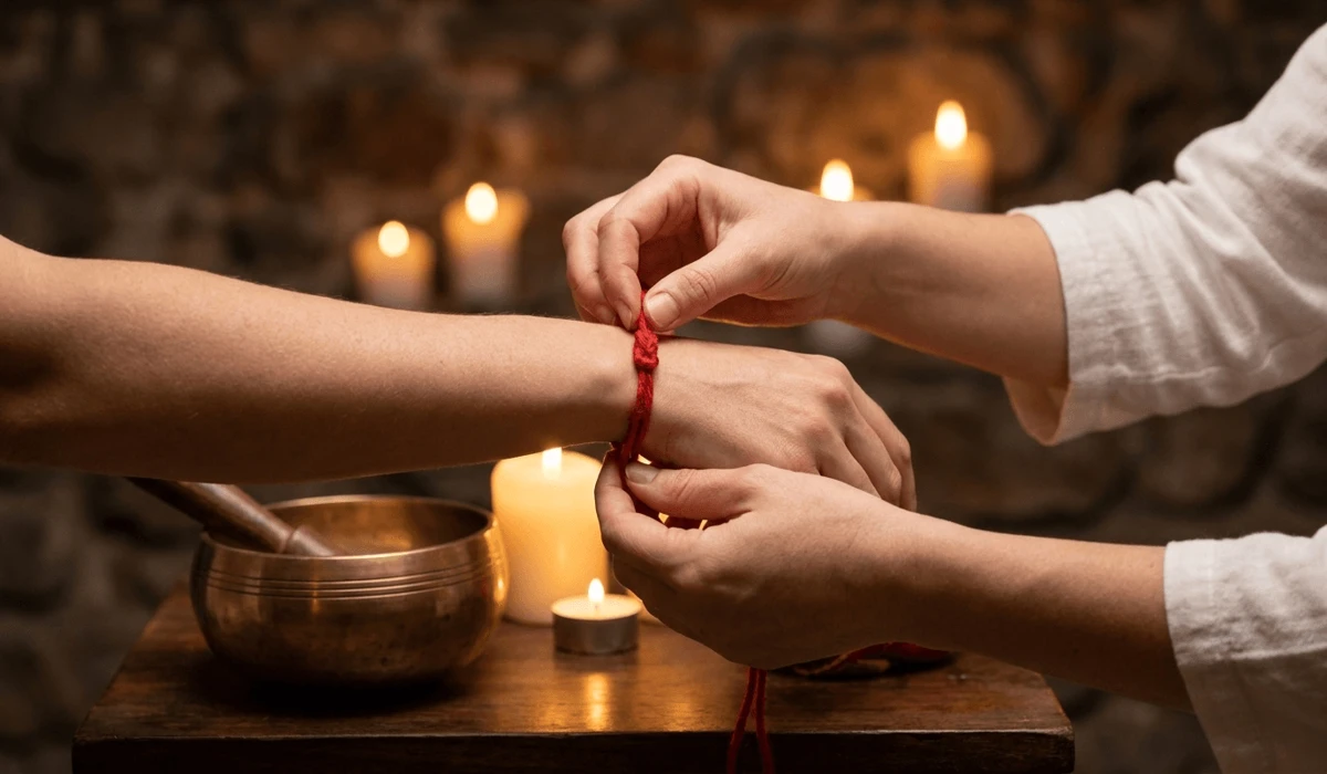 A close-up of a red string bracelet being respectfully tied around a person's left wrist in a mindful blessing ritual.