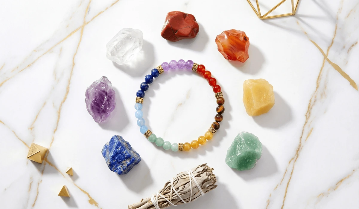 A 7-Chakra alignment bracelet surrounded by raw healing crystals and cleansing sage on a marble background.
