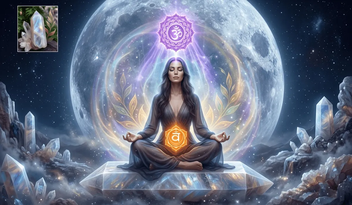 Artistic illustration of a woman meditating under a full moon with highlighted Sacral and Crown chakras, symbolizing the spiritual meaning of moonstone.