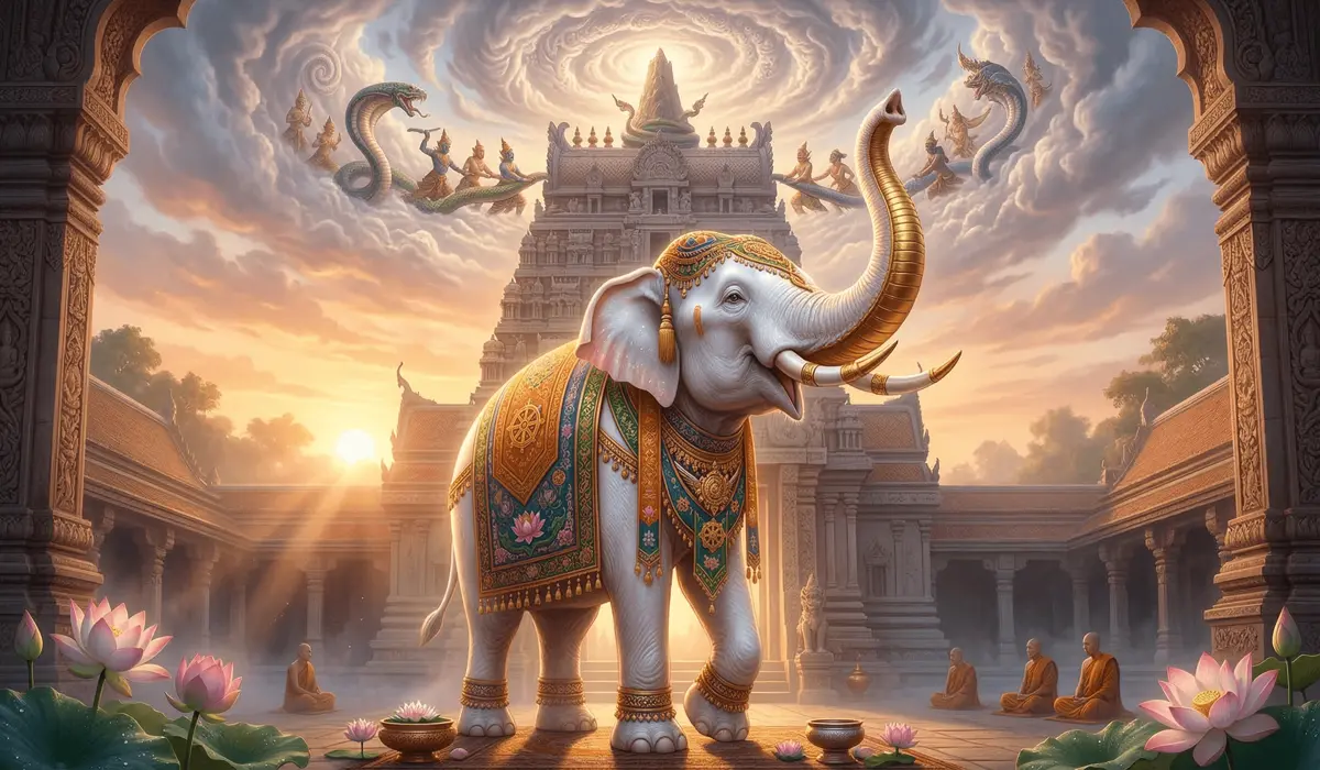 Majestic white elephant statue at a temple entrance symbolizing divine origins and the sacred legends of Indra and Buddha.