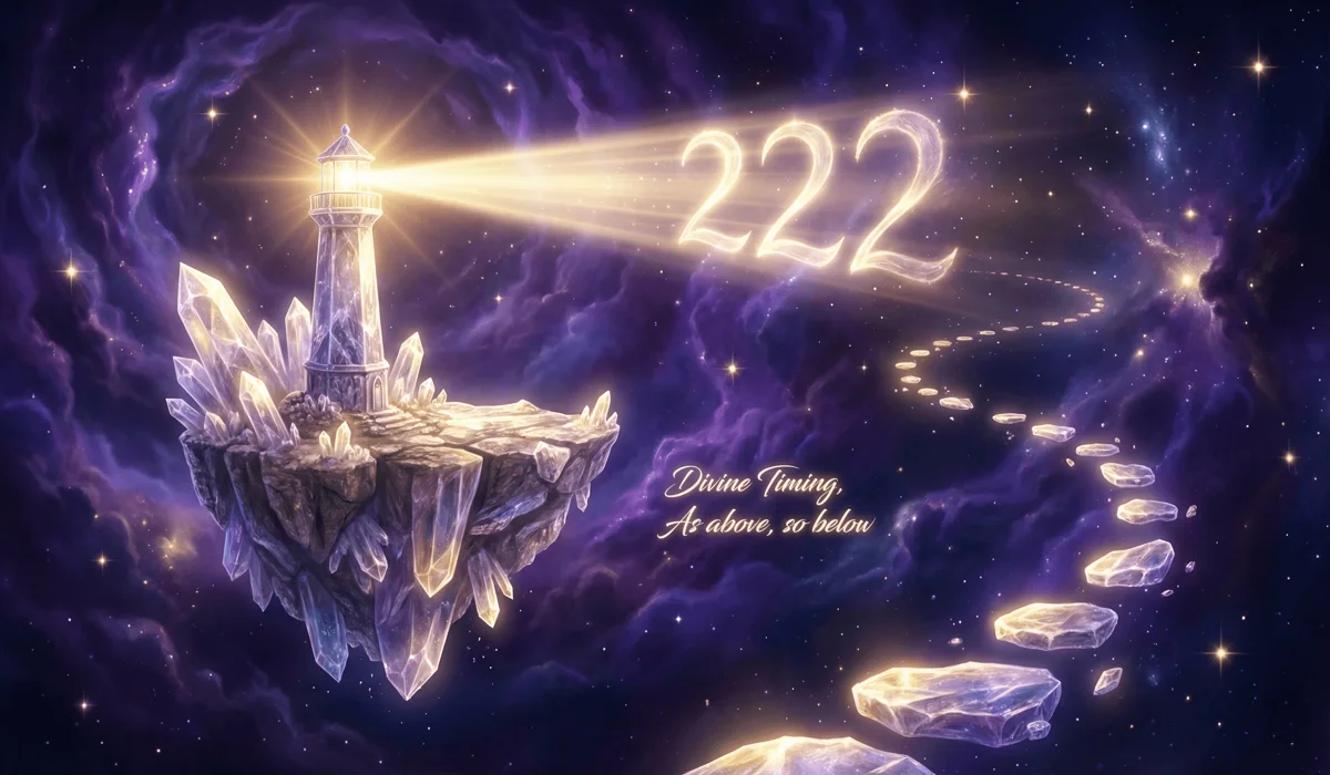 A celestial lighthouse beaming the 222 angel number to represent divine timing and spiritual path guidance.