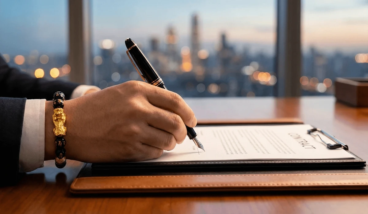 Wearing a Pixiu bracelet on the left hand for wealth manifestation in a professional business setting.