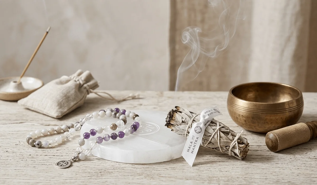 A spiritual cleansing ritual for mala beads featuring sage smoke and a selenite plate to maintain the gemstone properties and energy.