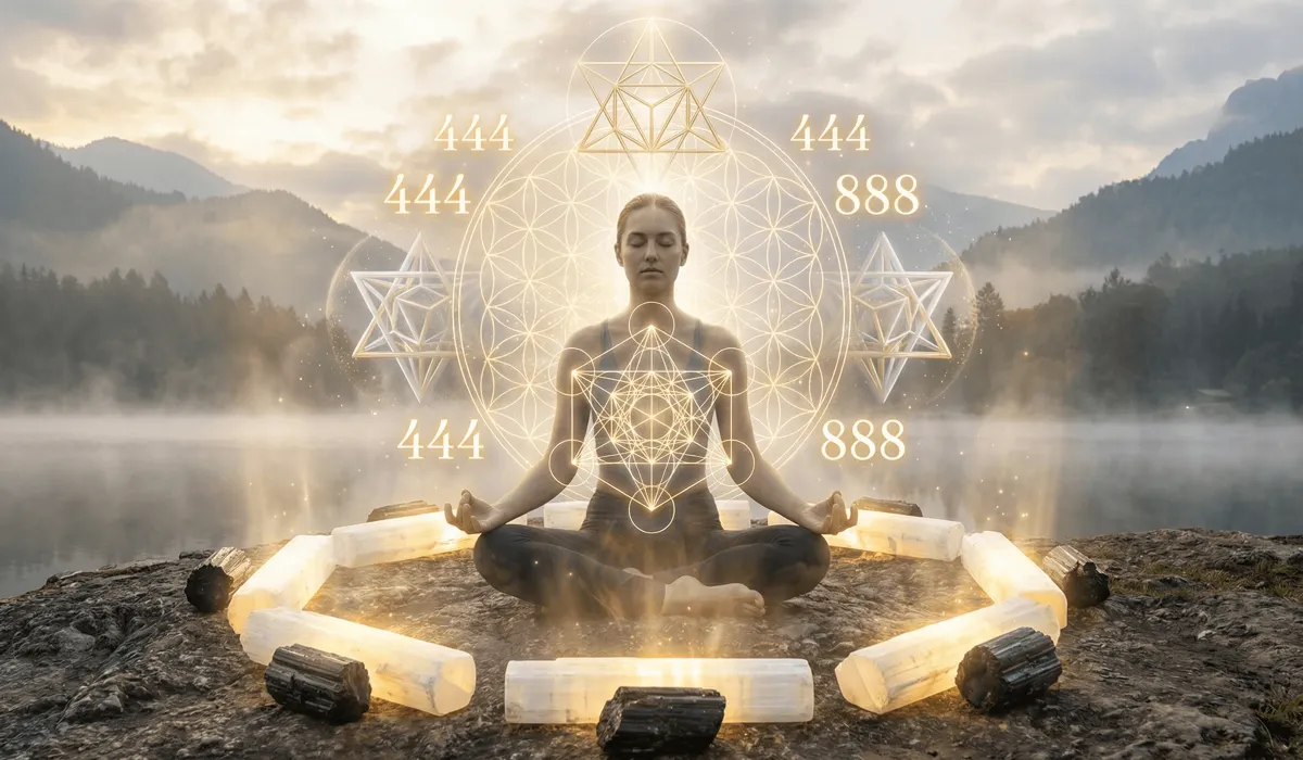 A person meditating with glowing crystals and sacred geometry symbols, representing the ritual of connecting with angelic numerical frequencies.