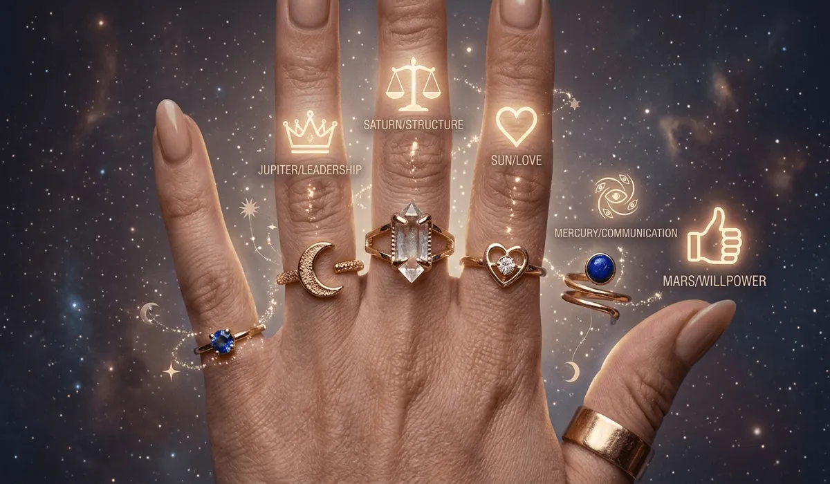 Close-up of rings on different fingers illustrating the spiritual significance of ring fingers and planetary associations in palmistry.
