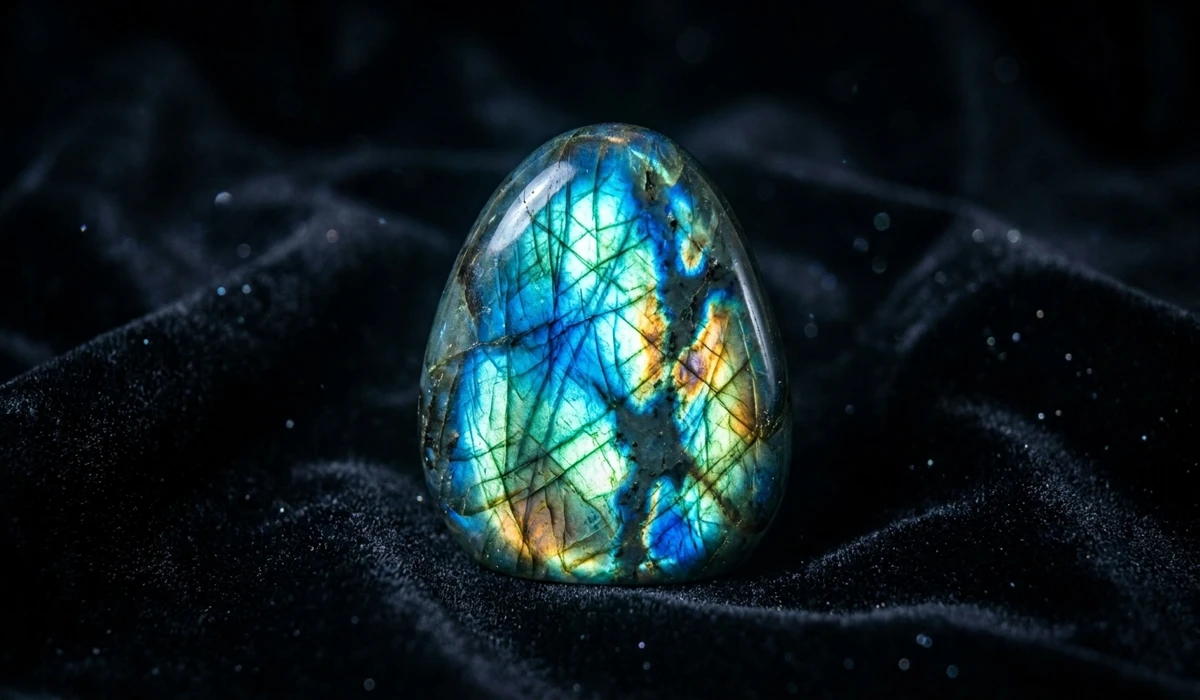 A close-up of a Labradorite crystal displaying vibrant blue and green labradorescence, symbolizing the Stone of Magic and spiritual awakening.