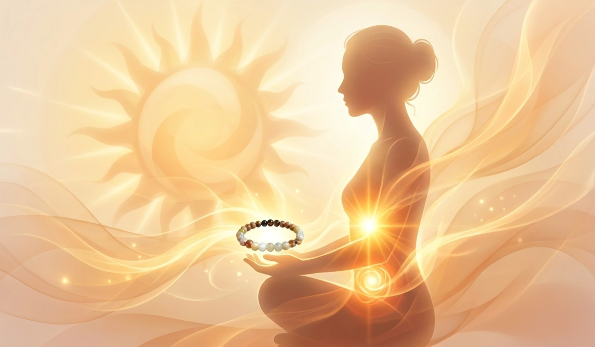 Spiritual illustration showing Sunstone bracelet aligning the Solar Plexus and Sacral Chakras with golden sun energy.
