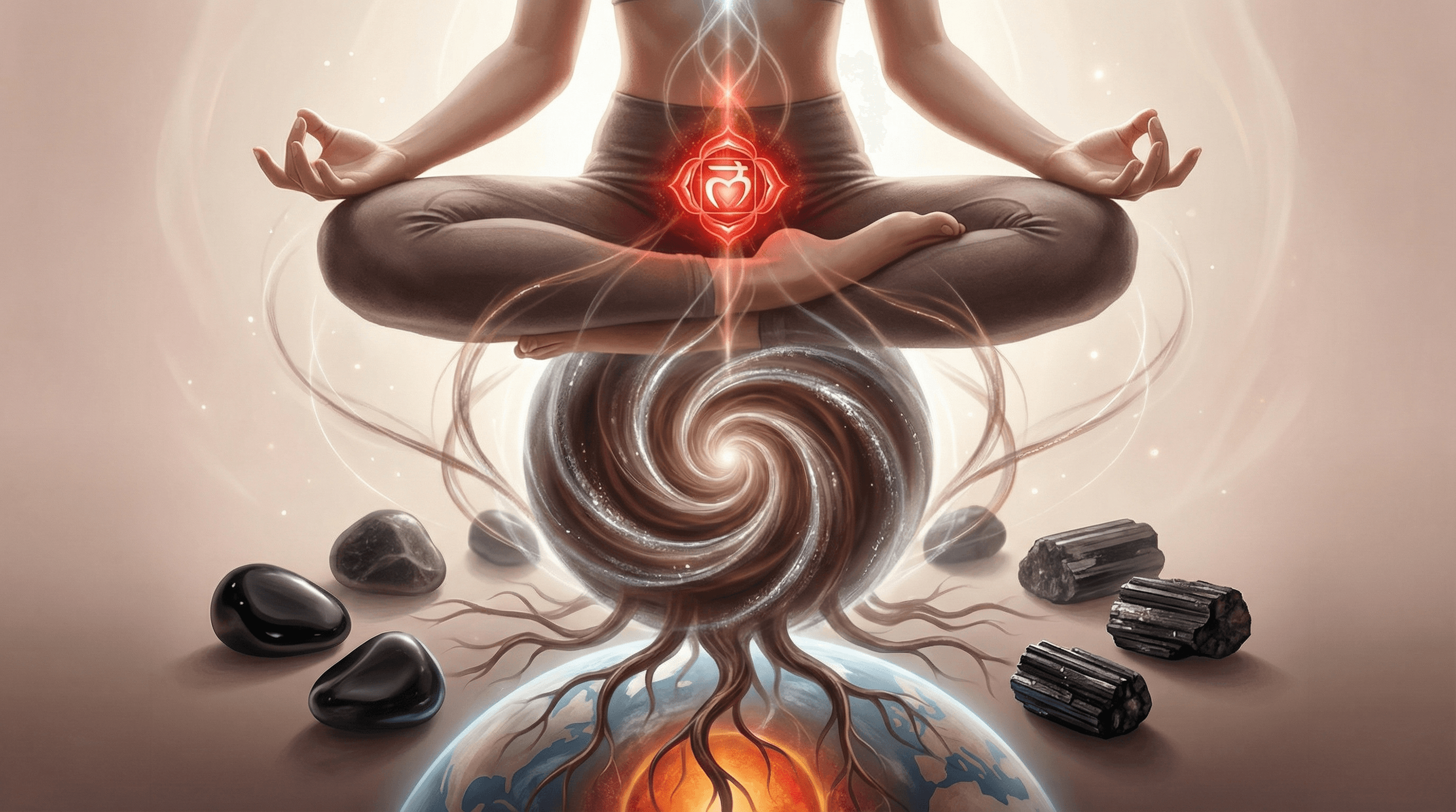 Spiritual illustration of Root Chakra and Earth Star Chakra grounding with black protective gemstones.