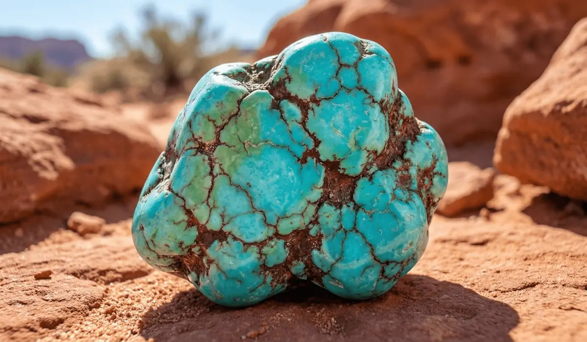 Close-up of a raw Turquoise gemstone showing natural veins and blue-green colors in a desert setting.