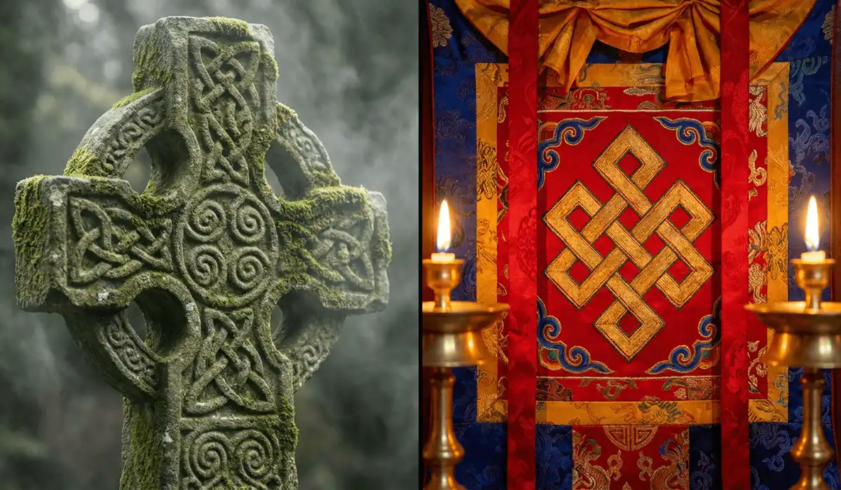 Side-by-side historical comparison of a carved stone Irish Celtic cross and a silk Tibetan thangka depicting the Buddhist Endless Knot.