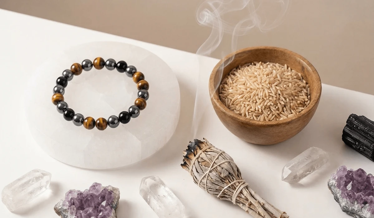 Cleansing ritual for a Triple Protection Bracelet using a Selenite charging plate and sage smoke to refresh the stones' energy.
