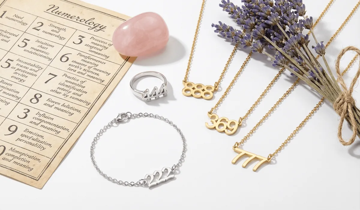 Flat-lay of angel number jewelry with healing crystals and numerology symbols, representing spiritual growth and chakra association.