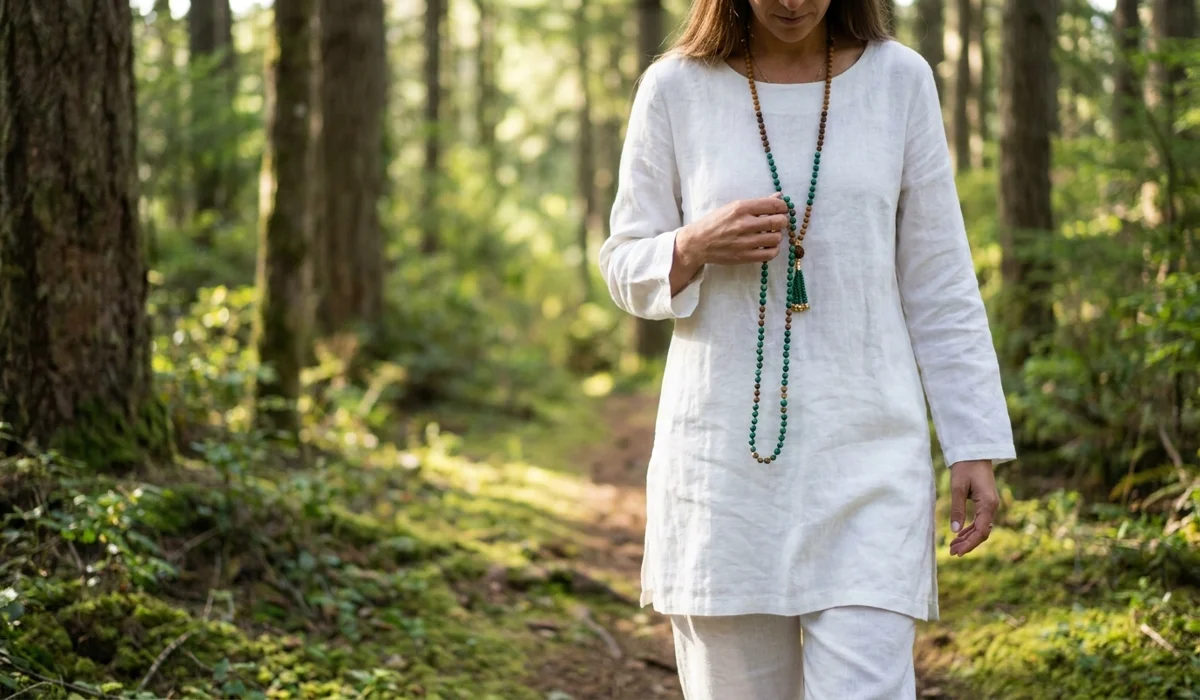 A woman wearing a gemstone mala necklace as spiritual jewelry while walking in nature.