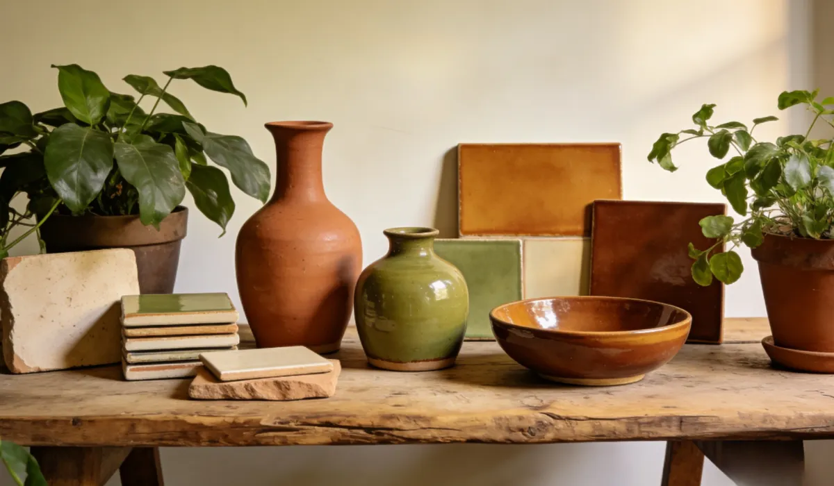 Rustic wooden table displaying terracotta vase, green-glazed pottery jar, brown ceramic bowl, stacked tile samples, and potted green plants, against a warm neutral wall.