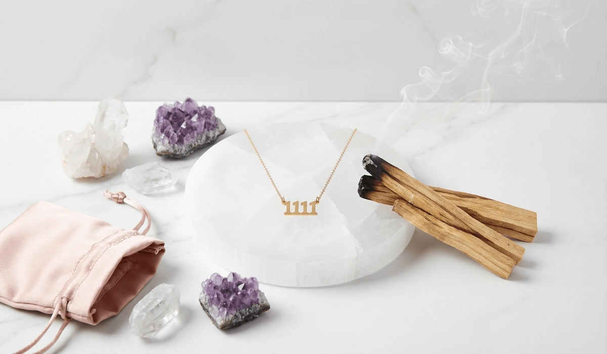 A custom angel number necklace being cleansed on a selenite charging plate with palo santo smoke, demonstrating how to care for and charge spiritual jewelry.