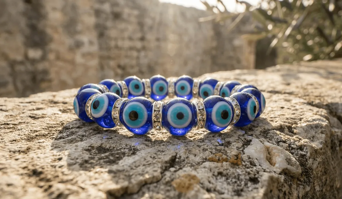 A close-up of a traditional blue glass Nazar bead bracelet on a stone background, representing the origin and materials of the evil eye talisman.