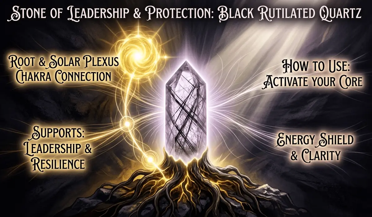 Spiritual illustration of Black Rutilated Quartz connecting the Root and Solar Plexus chakras for energetic shielding.