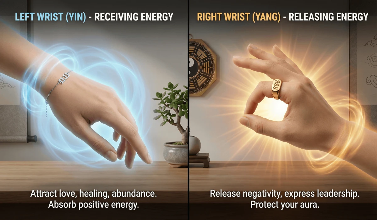 Visual guide showing how to wear angel number jewelry on the left and right wrists for spiritual alignment.