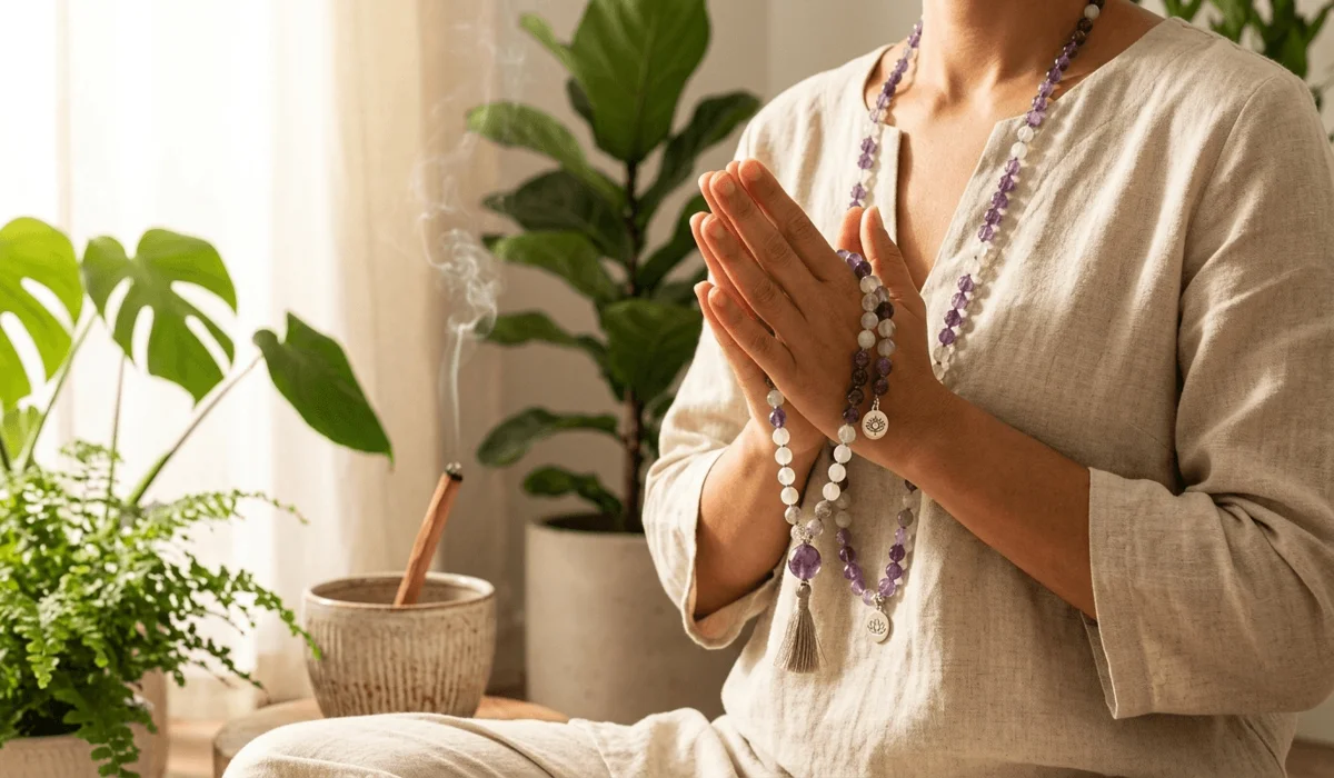 A person wearing a gemstone mala necklace while meditating, illustrating how to wear mala beads respectfully for mindfulness and intention setting.