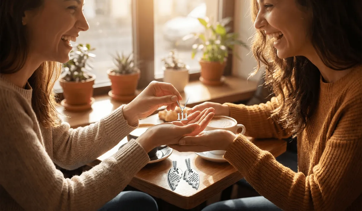 Best friends sharing a meaningful gift of spiritual jewelry to celebrate their bond.