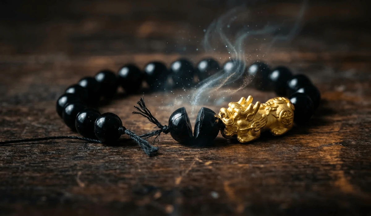 A broken Pixiu bracelet with snapped string and obsidian beads, symbolizing the spiritual shield taking a hit for the wearer.