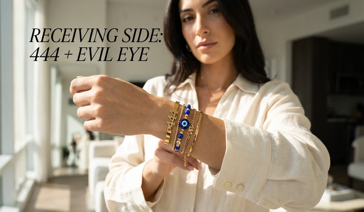 A woman wearing 444 and Evil Eye bracelets on her left wrist to receive spiritual protection and divine guidance.