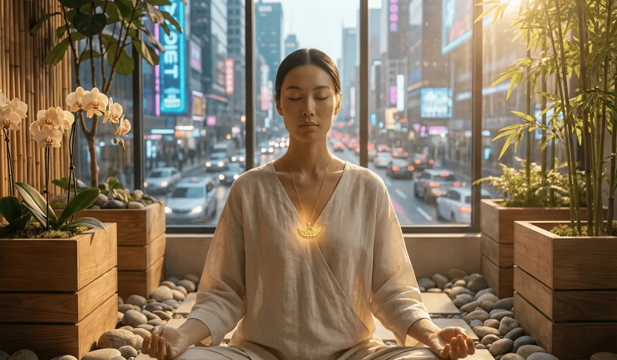 A person wearing a 444 angel number talisman jewelry in a peaceful room, symbolizing a shield against digital burnout.