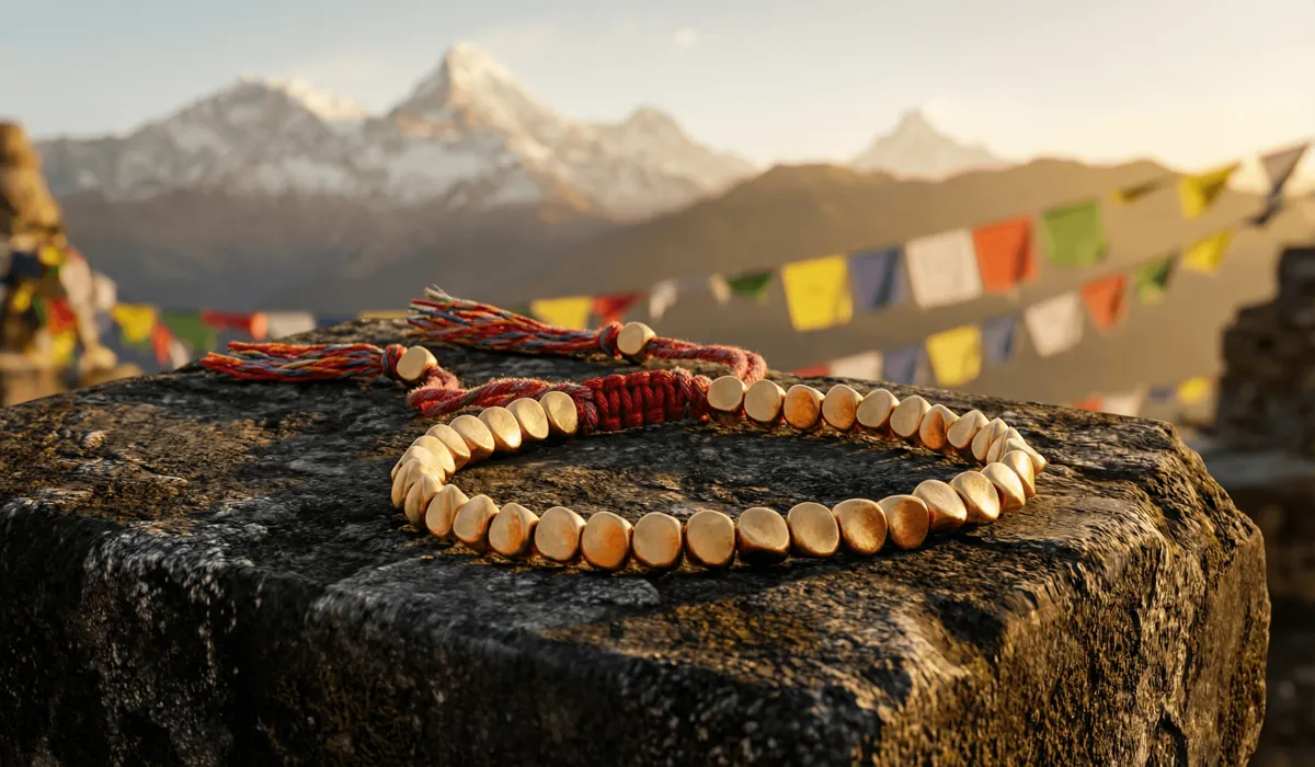 Handcrafted Tibetan grounding bracelet with copper beads and lucky knots on a stone background, symbolizing Root Chakra stabilization.