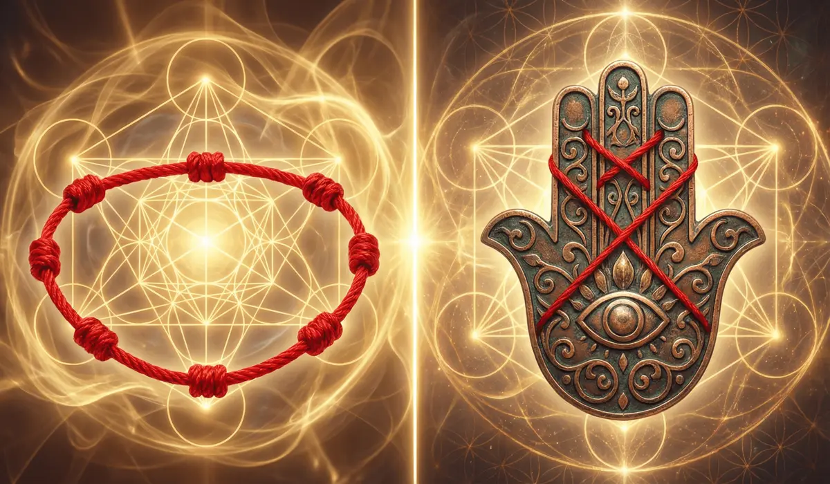 Artistic representation of Kabbalah red string and Hamsa symbols showing spiritual protection and life force energy.