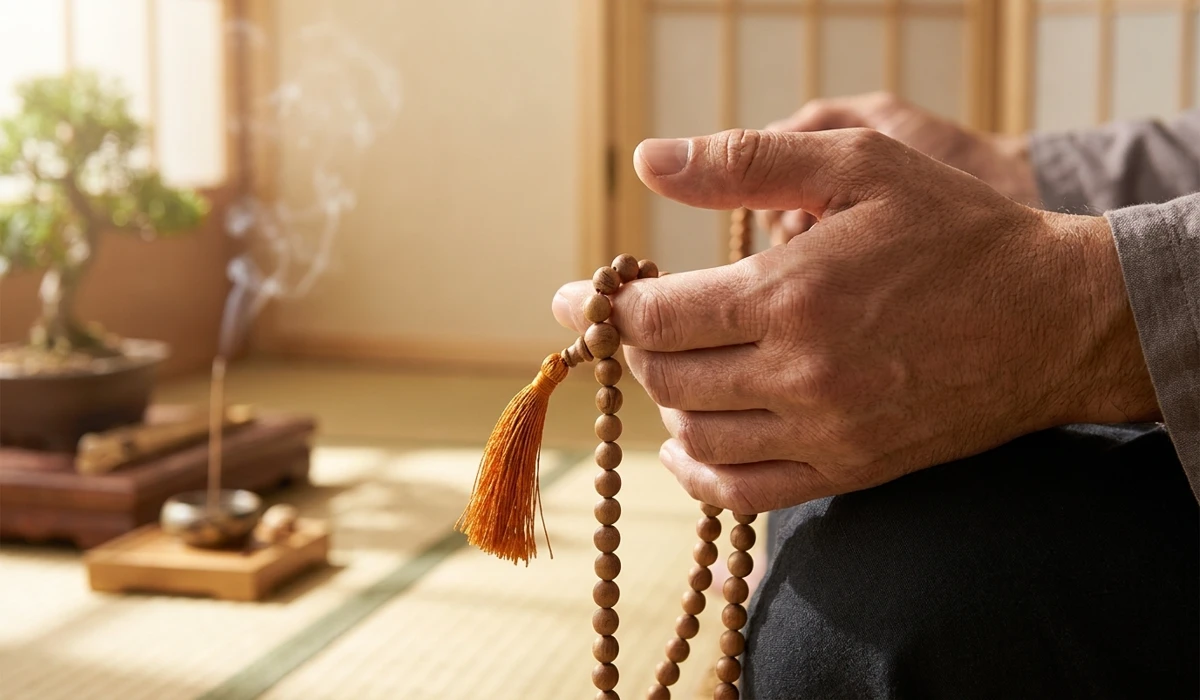 Close-up of hands using wooden mala beads for Japa mantra meditation, showing the correct finger placement and tactile texture of sandalwood beads.