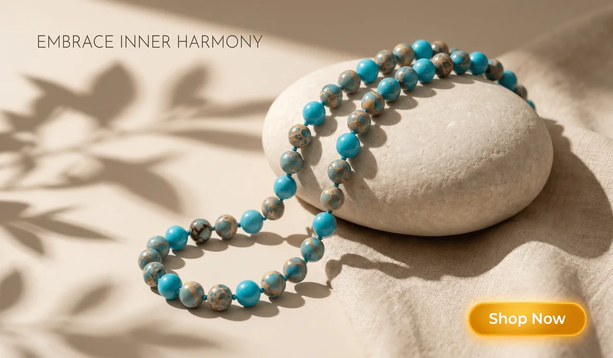 Shoushan Serenity Necklace with turquoise and earthy stone beads on a minimalist zen background, featuring a Shop Now button for blog product promotion.