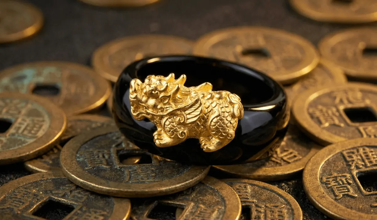 Close-up of a gold and obsidian Pixiu ring on ancient coins representing wealth attraction.