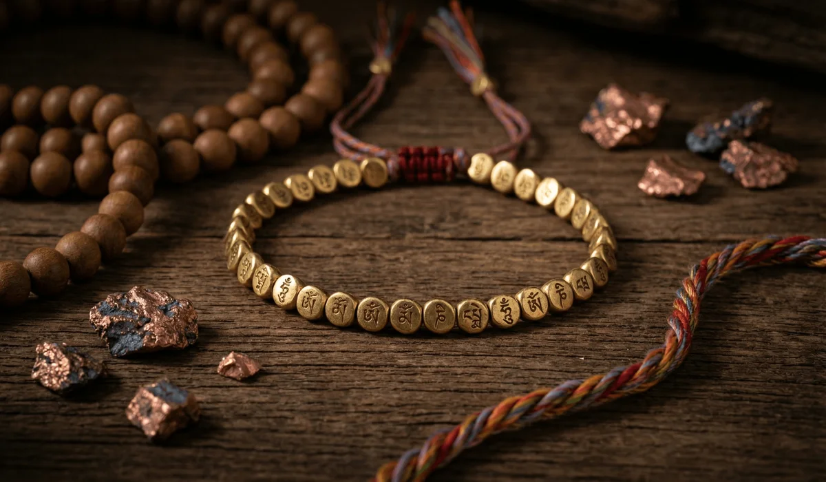 A collection of authentic Tibetan jewelry including a mantra copper bracelet and sacred wood beads on a rustic background.