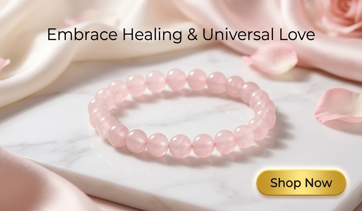Rose Quartz Beads Bracelet for Love and Healing on a luxury marble background with a Shop Now button