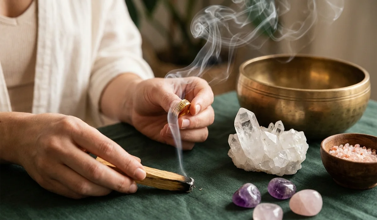 A cleansing ritual for a Feng Shui ring using Palo Santo smoke and quartz crystals to reset spiritual energy.
