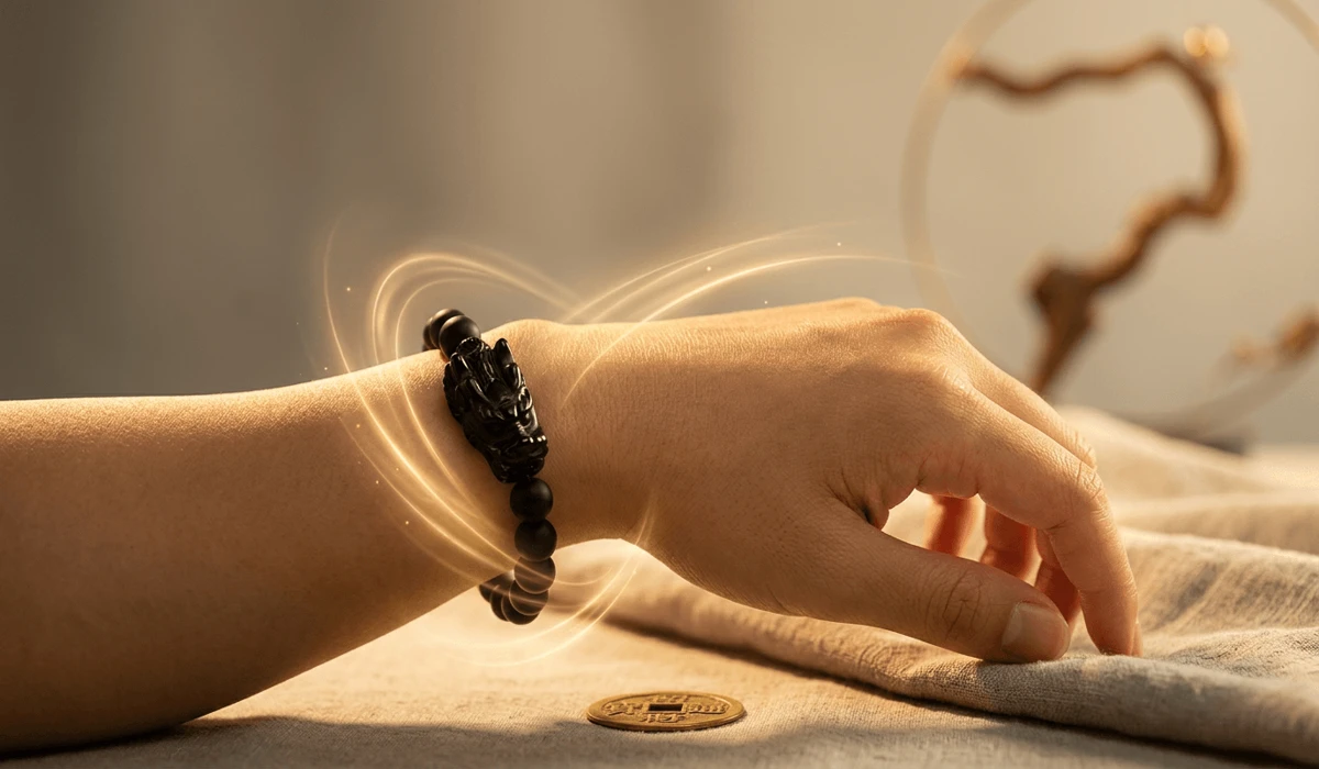 A person wearing a dragon bracelet on their left hand to absorb positive energy and wealth according to Feng Shui rules.