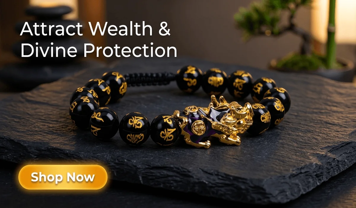 Wealth-Attracting Pixiu Obsidian Money Bracelet for prosperity and protection, featured in a high-end luxury setting with a Shop Now button.