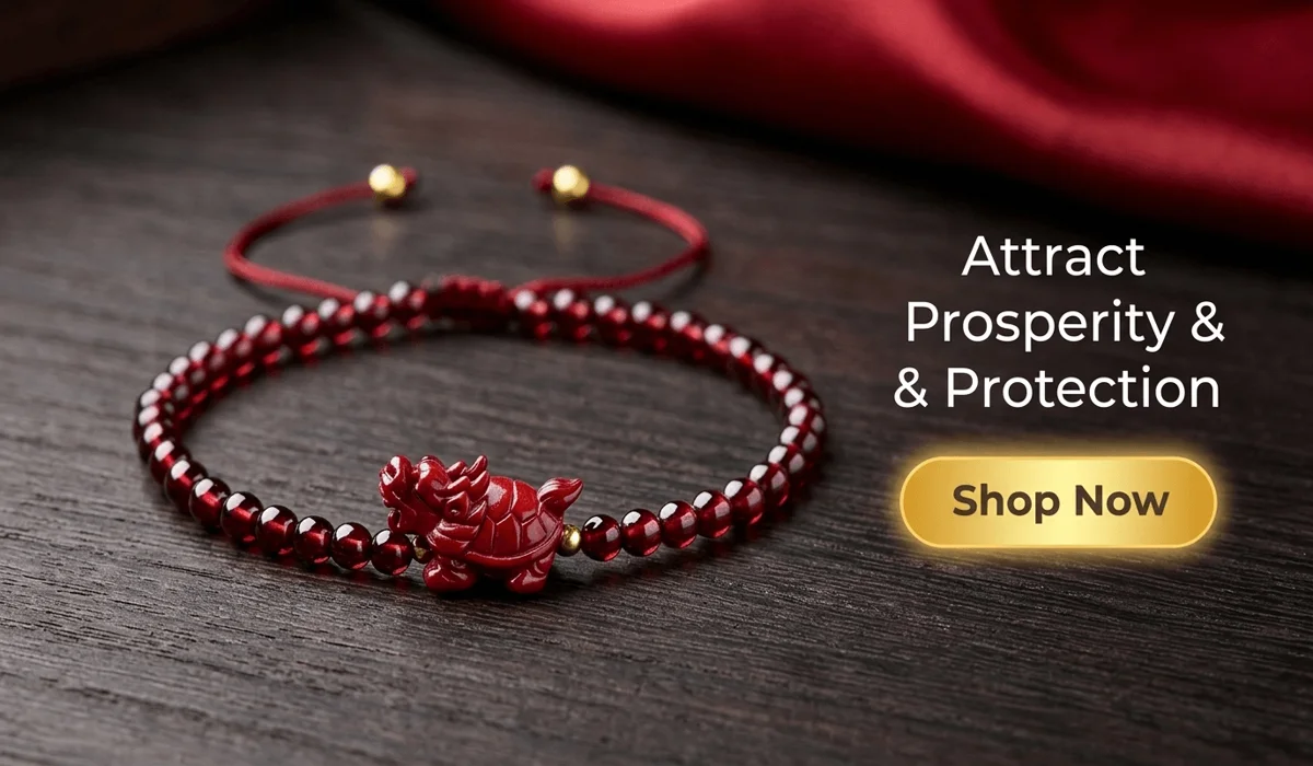 Wealth-Attracting Dragon Turtle Cinnabar Garnet Bracelet for prosperity and protection - Premium Feng Shui Jewelry with Shop Now button