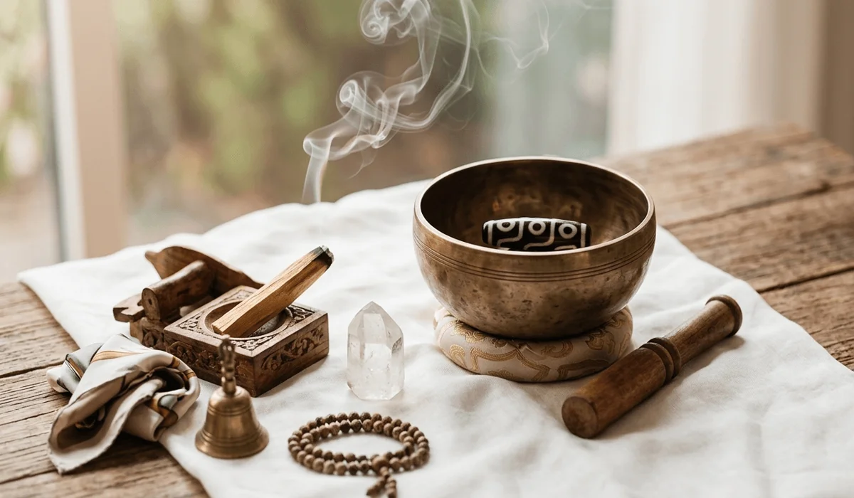 Cleansing a Tibetan Dzi bead using a singing bowl and sandalwood incense smoke to reset its spiritual frequency.