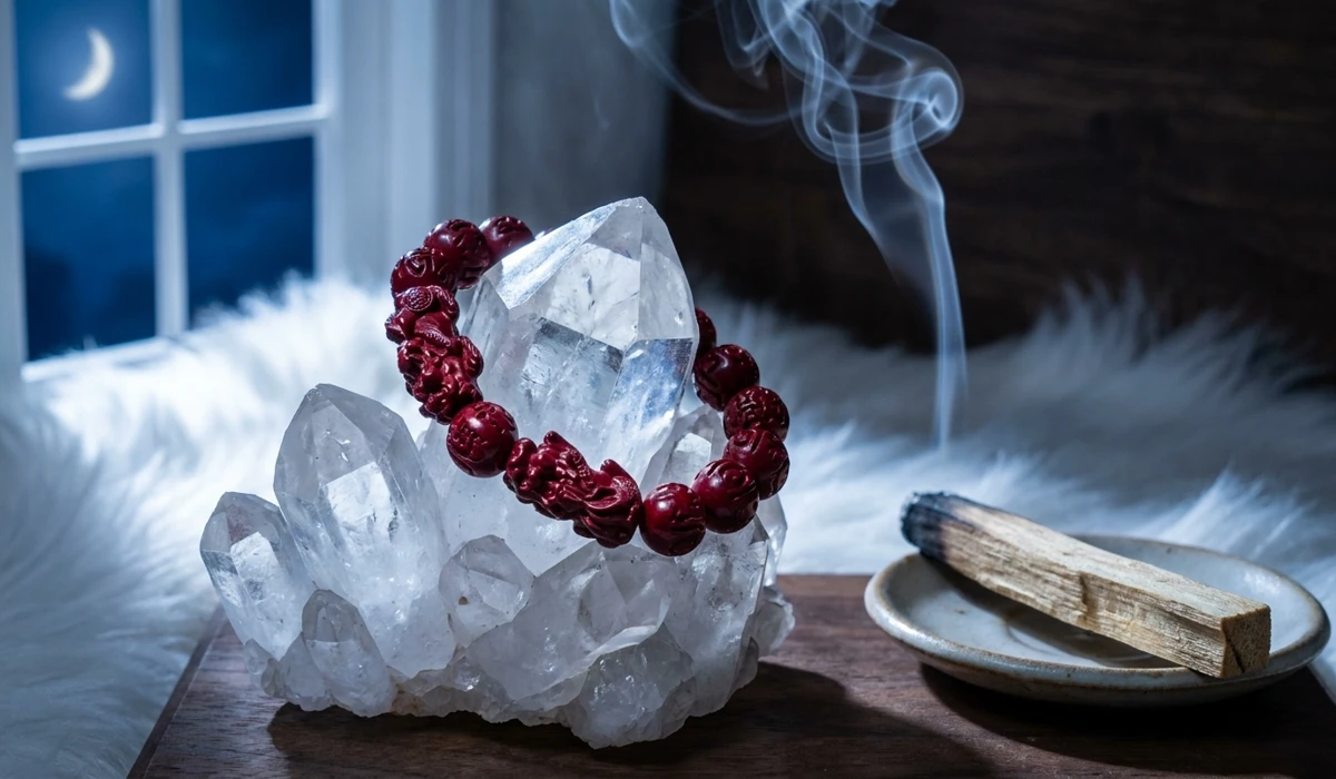 A Cinnabar Pixiu bracelet being cleansed on a quartz crystal cluster with sacred smoke to recharge its spiritual energy and properties.