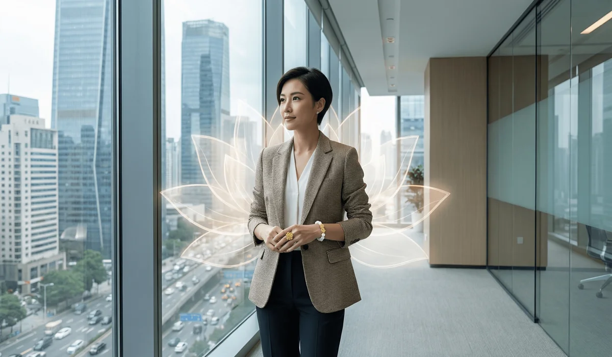 Modern professional wearing Pixiu and Lotus jewelry as symbolic anchors for career resilience and wealth retention.