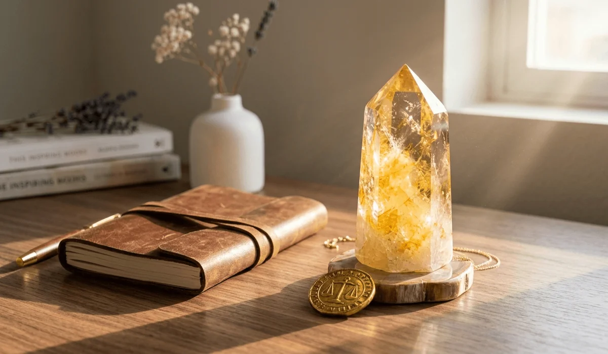 Natural citrine crystal on a desk with a journal, symbolizing wealth, clarity, and the Merchant's Stone.
