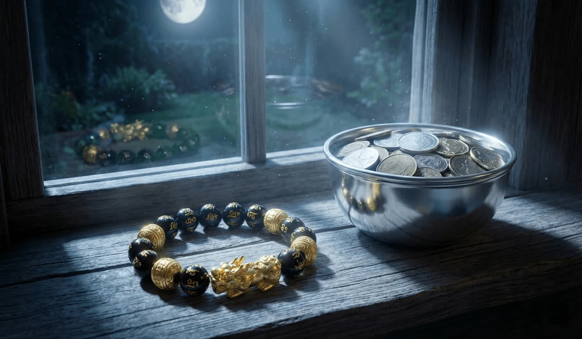 A Pixiu bracelet being charged under moonlight in a silver bowl with coins for energy activation.