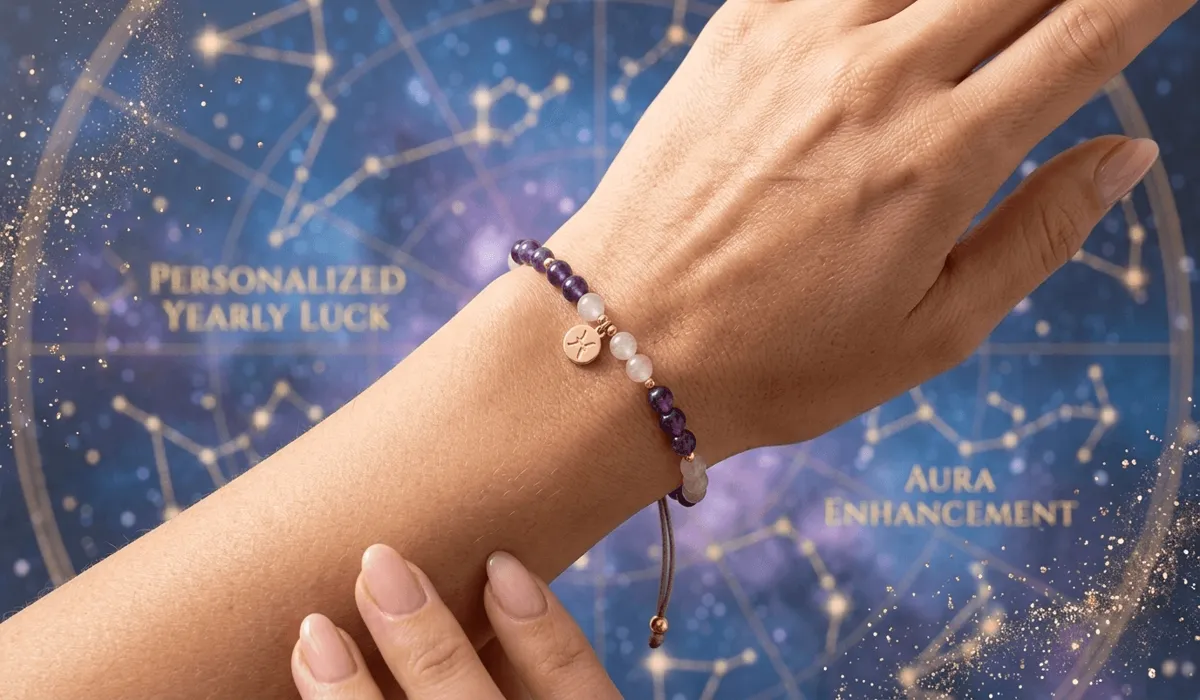 A personalized zodiac birthstone bracelet for women featuring amethyst and rose quartz beads with a gold charm, symbolizing yearly luck and celestial energy.