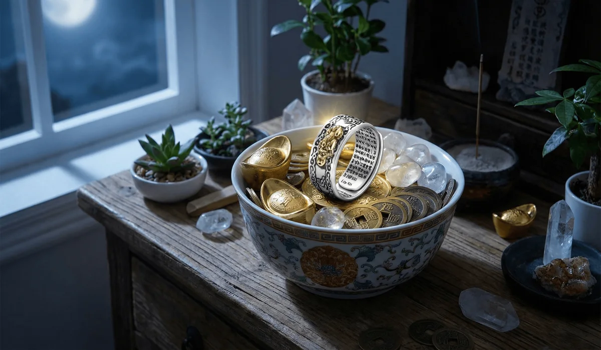 A Pixiu ring stored in a wealth bowl for energy charging under moonlight.